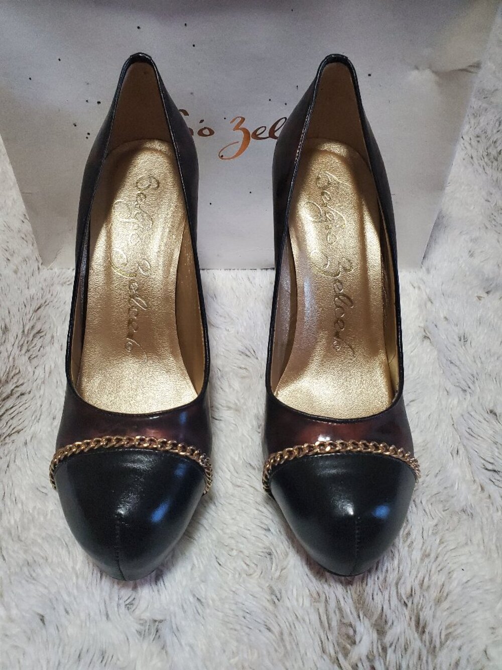 Sergio Zelcer Tortoise Shell Stiletto Heels Black Gold Chain Red Sole Size 10